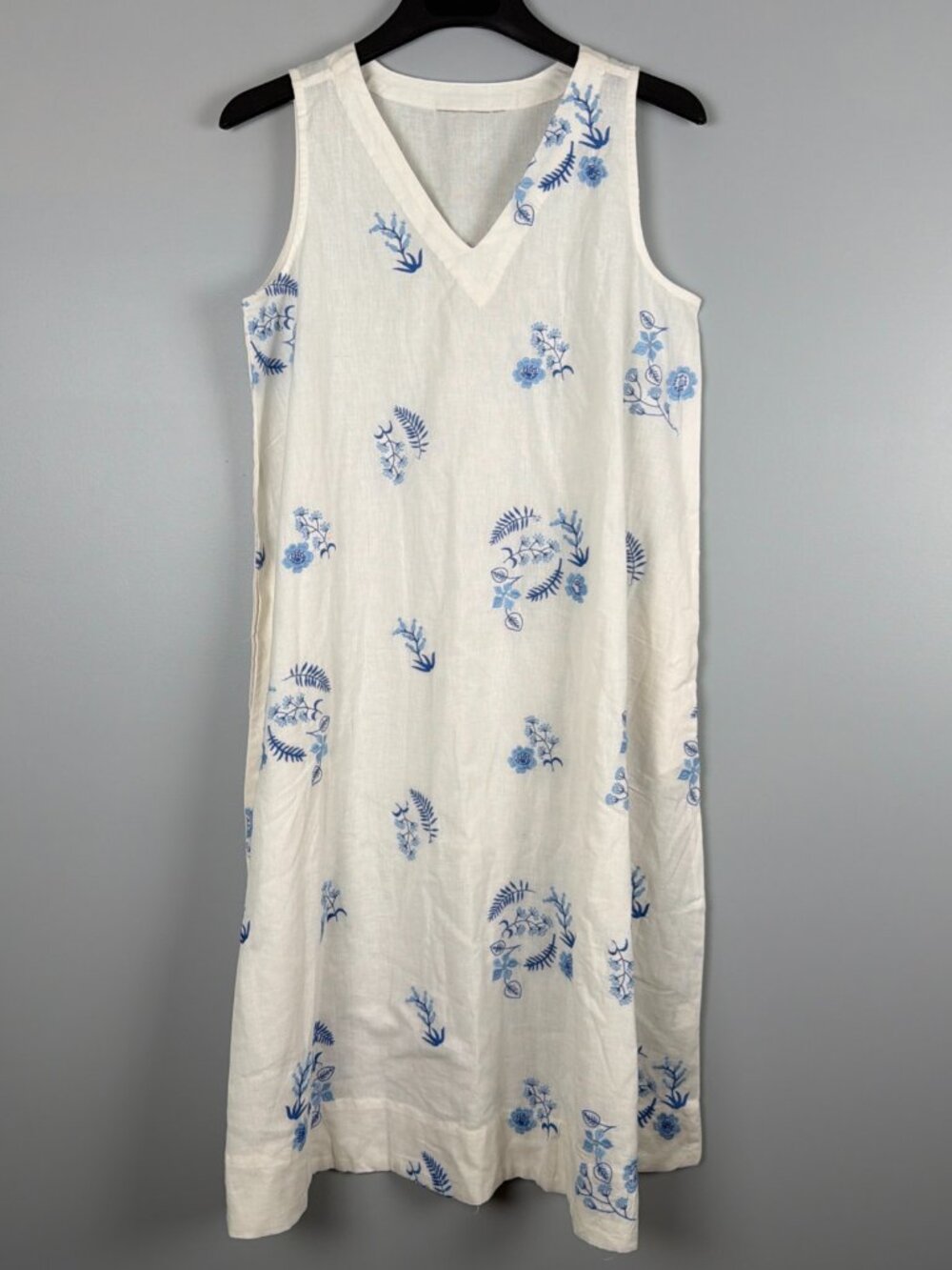 Linen Maxi Dress Womens L White Floral Embroidered Cotton Resortwear Vacation